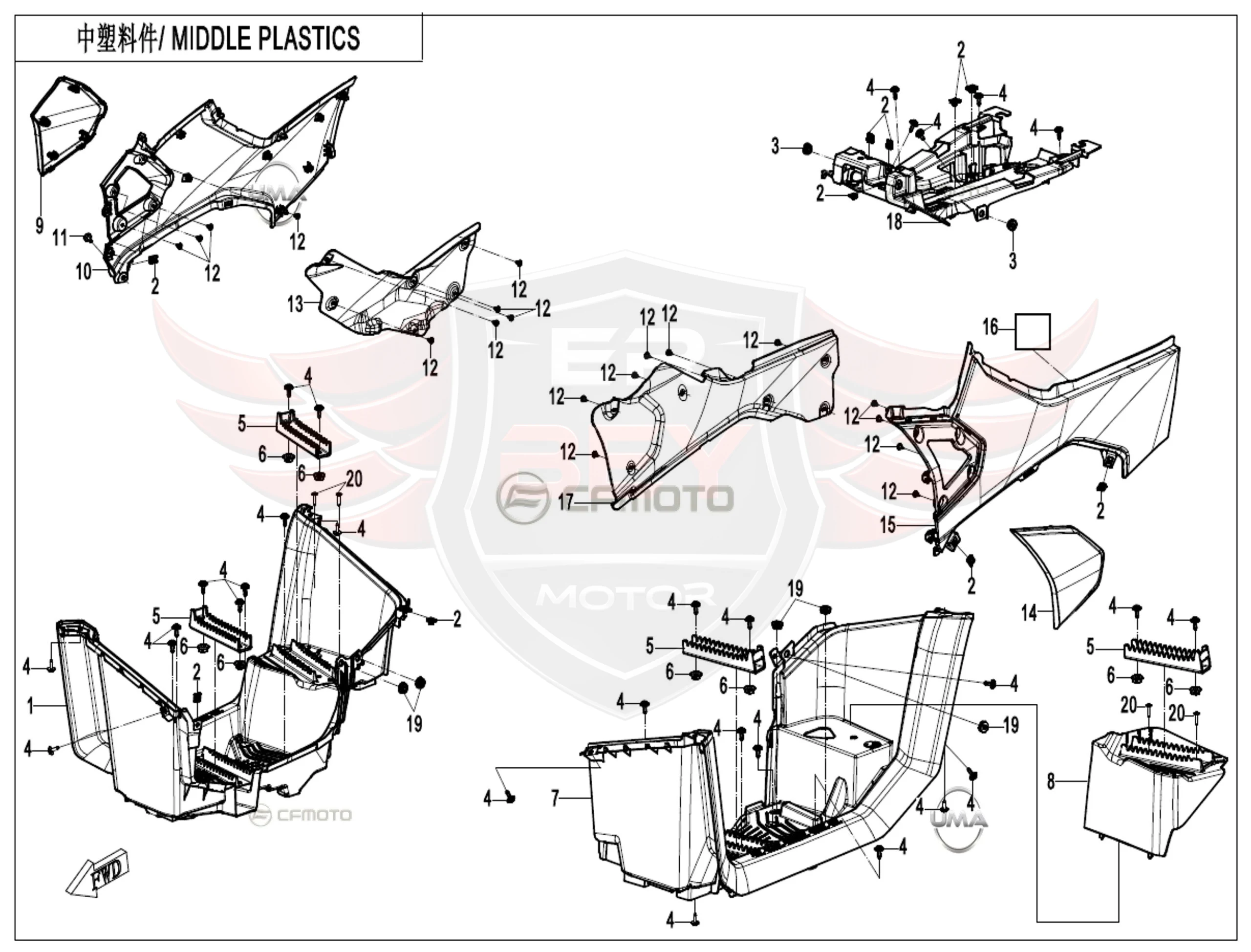 CFMOTO Sele Altı Yan Karenaj Sol (Gri) CFMOTO Sele Altı Yan Karenaj Sol (Gri) · Y4CFM4059A0122 · Teknik şema · Parça no 15